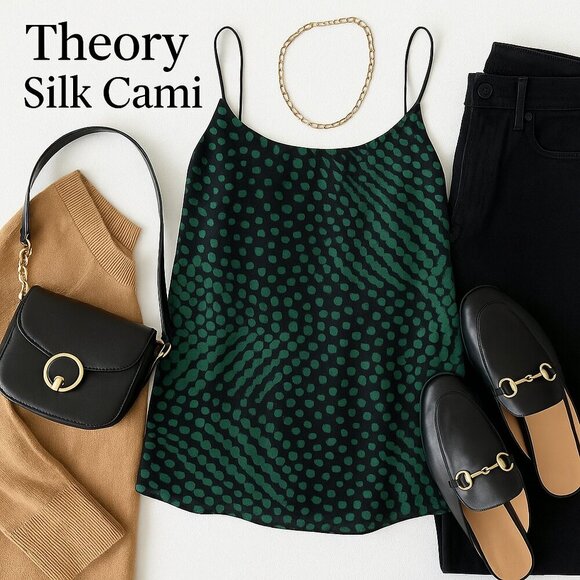 Theory 100% Silk Green Dot-Print Lined Camisole Top Spaghetti Straps Size P/XS - Picture 1 of 15